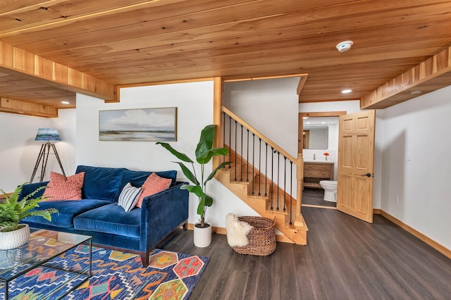 living room featuring wood finished floors, wood ceiling, stairway, baseboards, and recessed lighting