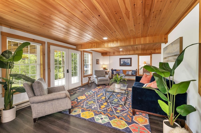 living room with french doors, wooden ceiling, wood finished floors, and recessed lighting
