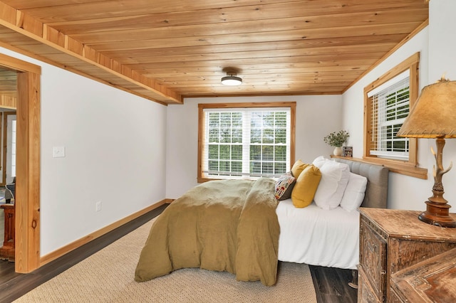 bedroom with wood ceiling, wood finished floors, and baseboards