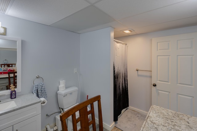 273 Berkshire Rd, Lisbon, NH 03585 - bathroom with toilet, vanity, a paneled ceiling, and a shower with shower curtain