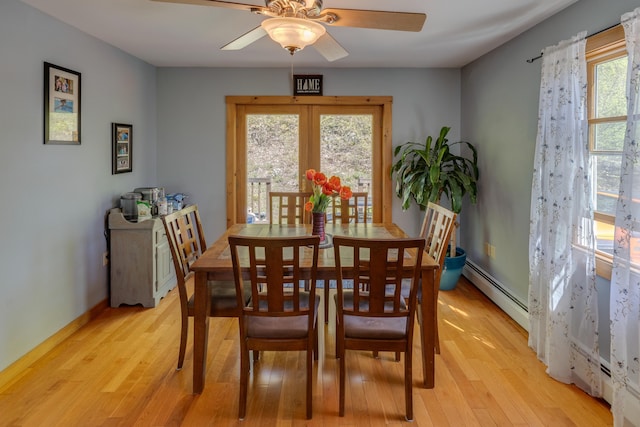 273 Berkshire Rd, Lisbon, NH 03585 - dining space with a baseboard radiator, light wood-type flooring, ceiling fan, and baseboards