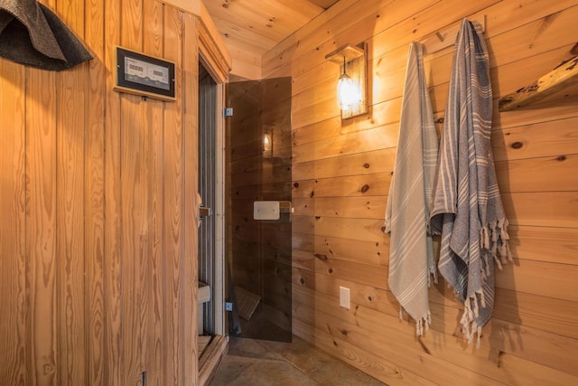 bathroom featuring wooden walls