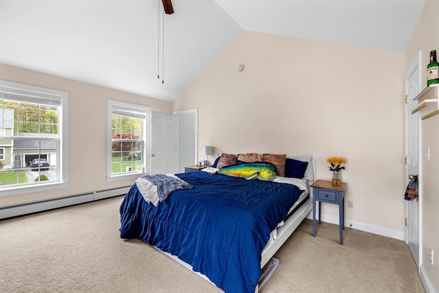 carpeted bedroom with a baseboard heating unit, ceiling fan, high vaulted ceiling, and baseboards