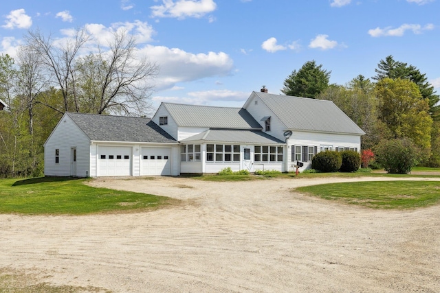 491 Brook Rd, Goshen, NH 03752 - view of front of home featuring dirt driveway, a garage, a sunroom, a chimney, and a front lawn