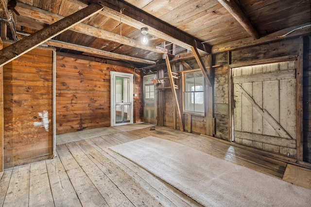 491 Brook Rd, Goshen, NH 03752 - interior space with wood ceiling, wooden walls, hardwood / wood-style floors, and beamed ceiling
