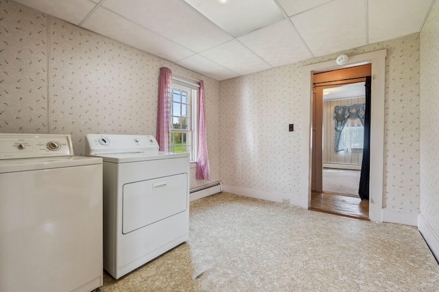 491 Brook Rd, Goshen, NH 03752 - clothes washing area with washer and dryer, a baseboard heating unit, wallpapered walls, and baseboards