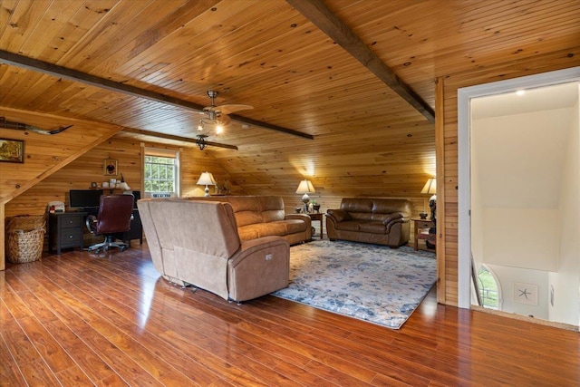 34 Coles Pond Rd, Somersworth, NH 03878 - living area with wood finished floors, a desk, wooden ceiling, a ceiling fan, and wooden walls