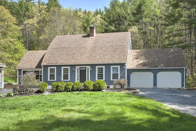 267 Swanzey Lake Rd, Swanzey, NH 03446 - cape cod home with a chimney, a shingled roof, an attached garage, a front lawn, and driveway