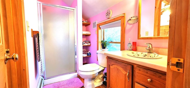 573 Granite Lake Rd, Nelson, NH 03457 - bathroom featuring a stall shower, vanity, toilet, and a baseboard radiator