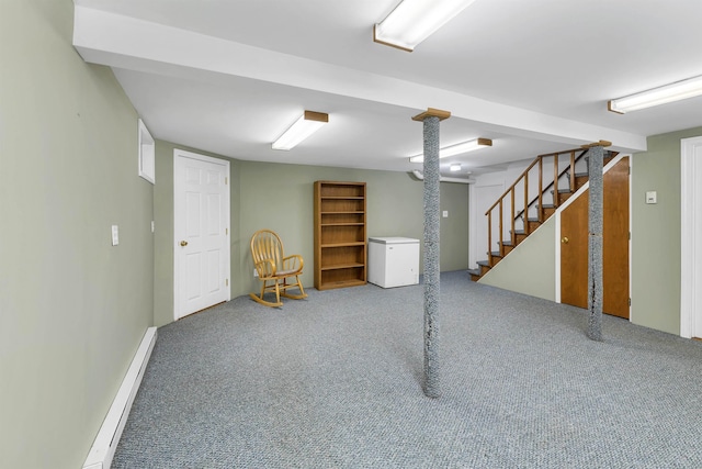 finished basement with fridge, carpet, and stairway