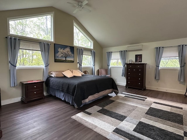 bedroom with a wall unit AC, multiple windows, high vaulted ceiling, and dark wood-style floors