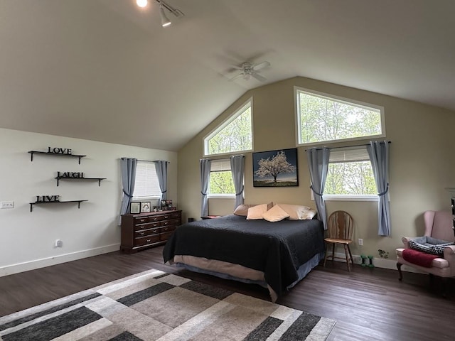 bedroom featuring wood finished floors, multiple windows, vaulted ceiling, and baseboards
