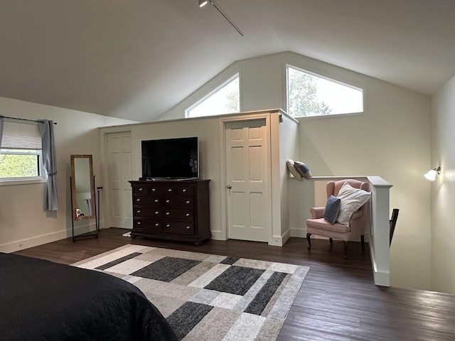 bedroom featuring vaulted ceiling, wood finished floors, and baseboards