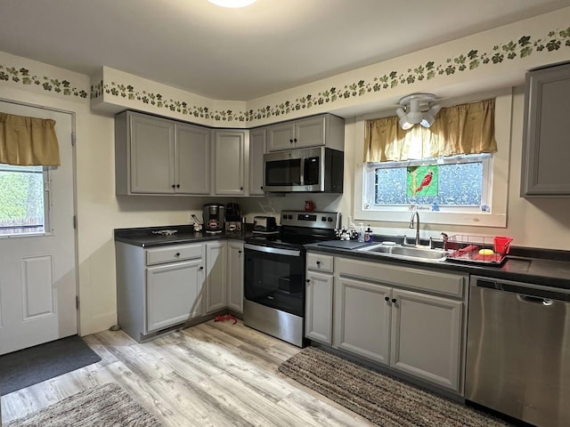 kitchen with stainless steel appliances, a sink, and gray cabinets