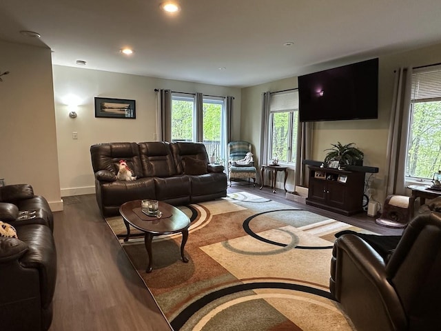 living area with wood finished floors, baseboards, and recessed lighting