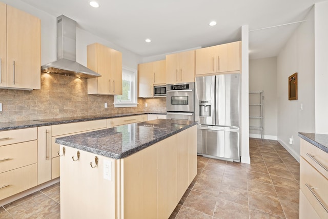 7 Timberbrook N, Dorset, VT 05251 - kitchen with stainless steel appliances, wall chimney range hood, light brown cabinets, backsplash, and dark stone counters