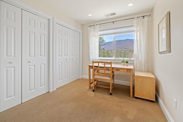 7 Timberbrook N, Dorset, VT 05251 - office featuring light colored carpet, baseboards, recessed lighting, and a mountain view