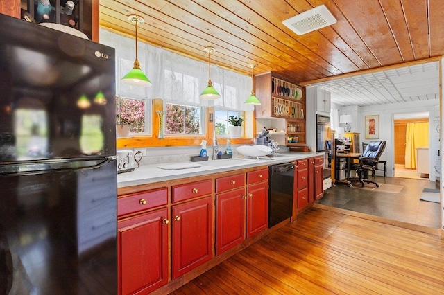 kitchen featuring black appliances, wooden ceiling, a sink, pendant lighting, and open shelves