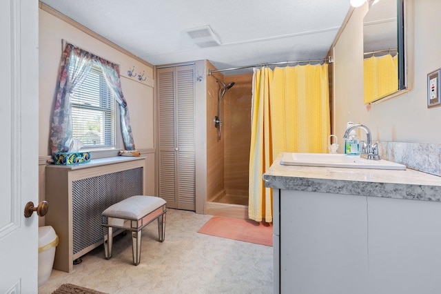 full bathroom with a shower with shower curtain, vanity, a closet, and toilet