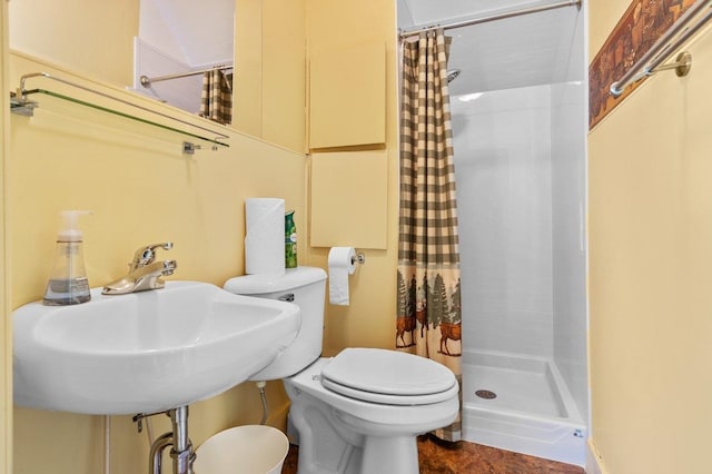 bathroom featuring a shower stall, toilet, and a sink