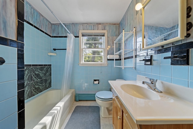 full bath featuring tile patterned flooring, tile walls, a baseboard radiator, toilet, and vanity