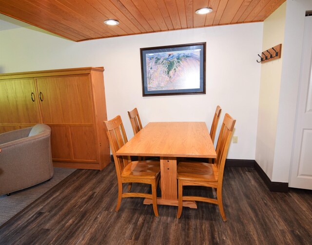 dining area featuring wooden ceiling, wood finished floors, recessed lighting, and baseboards
