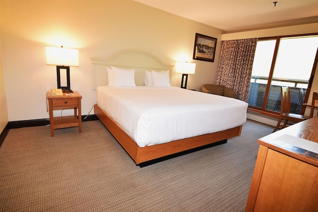 bedroom with carpet flooring, baseboard heating, access to exterior, and baseboards