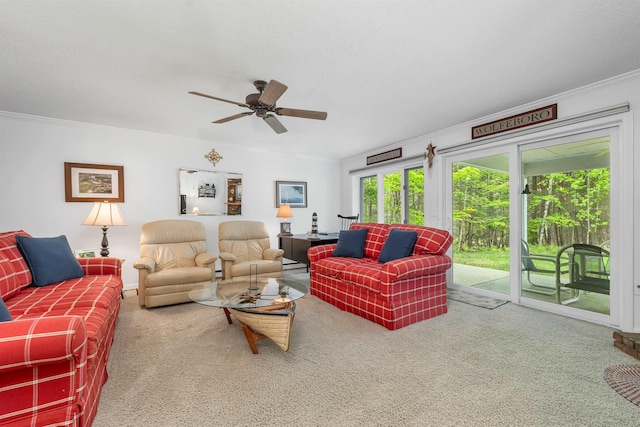 40-21 Harbor Way Unit 21, Wolfeboro, NH 03894 - living area with carpet flooring, ornamental molding, and ceiling fan