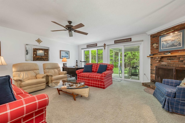 40-21 Harbor Way Unit 21, Wolfeboro, NH 03894 - living area with ornamental molding, a ceiling fan, carpet, and a fireplace