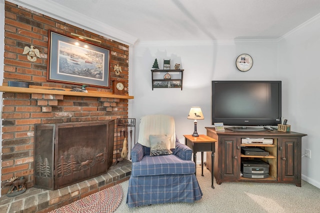 40-21 Harbor Way Unit 21, Wolfeboro, NH 03894 - carpeted living area with a brick fireplace, ornamental molding, and baseboards