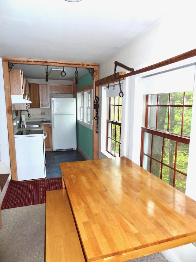328 Main St Unit C, Andover, NH 03216 - kitchen with freestanding refrigerator, under cabinet range hood, a sink, and light countertops