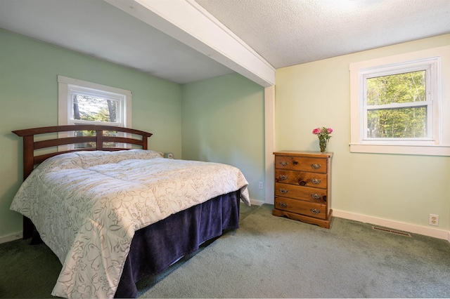 carpeted bedroom with multiple windows, baseboards, and a textured ceiling