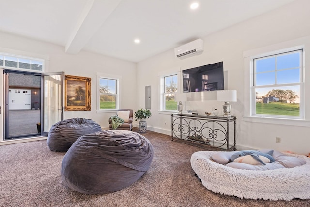 carpeted living area with a wall mounted AC, plenty of natural light, beam ceiling, recessed lighting, and baseboards