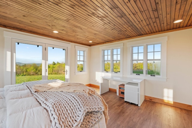 bedroom featuring access to exterior, wooden ceiling, baseboards, wood finished floors, and recessed lighting