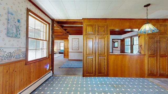 3005 Vt 78 Rte, Highgate, VT 05459 - interior space featuring baseboard heating, plenty of natural light, wooden walls, a wainscoted wall, and wallpapered walls