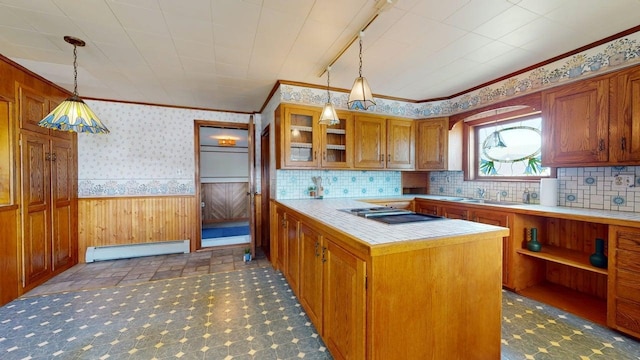 3005 Vt 78 Rte, Highgate, VT 05459 - kitchen featuring a baseboard radiator, black electric cooktop, open shelves, tile counters, and a wainscoted wall
