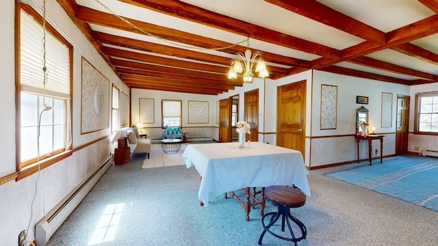 3005 Vt 78 Rte, Highgate, VT 05459 - sunroom / solarium featuring baseboard heating, beamed ceiling, and a chandelier