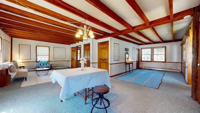 3005 Vt 78 Rte, Highgate, VT 05459 - carpeted bedroom featuring a baseboard radiator, beamed ceiling, a baseboard heating unit, a wainscoted wall, and a chandelier