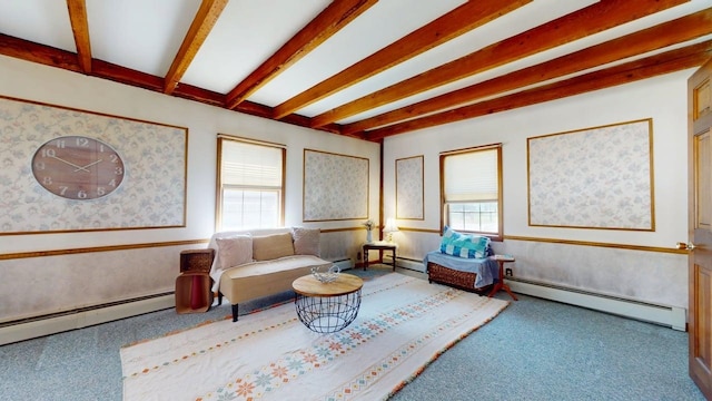 3005 Vt 78 Rte, Highgate, VT 05459 - carpeted living area with a baseboard radiator, wallpapered walls, a wainscoted wall, healthy amount of natural light, and beamed ceiling