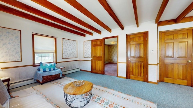 3005 Vt 78 Rte, Highgate, VT 05459 - living area with a baseboard heating unit, carpet floors, beamed ceiling, and a wainscoted wall