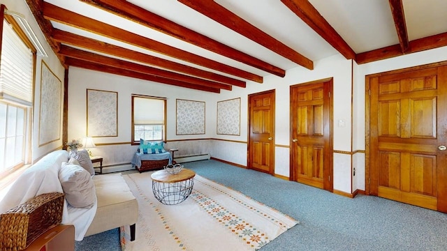 3005 Vt 78 Rte, Highgate, VT 05459 - carpeted living area with a baseboard heating unit and beam ceiling