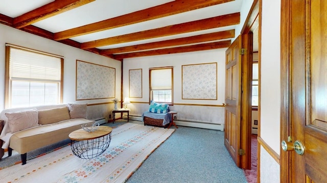 3005 Vt 78 Rte, Highgate, VT 05459 - sunroom featuring baseboard heating, beamed ceiling, and a baseboard radiator