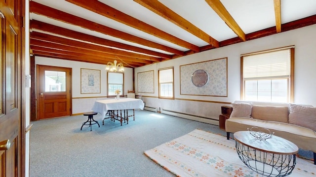 3005 Vt 78 Rte, Highgate, VT 05459 - carpeted dining room featuring baseboard heating, a chandelier, and beamed ceiling