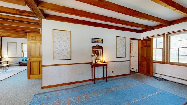 3005 Vt 78 Rte, Highgate, VT 05459 - spare room featuring beam ceiling, carpet floors, wainscoting, a baseboard heating unit, and baseboard heating