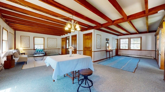 3005 Vt 78 Rte, Highgate, VT 05459 - interior space with a baseboard heating unit, plenty of natural light, beamed ceiling, wainscoting, and a chandelier