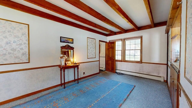 3005 Vt 78 Rte, Highgate, VT 05459 - carpeted spare room with a baseboard radiator, beamed ceiling, and a wainscoted wall