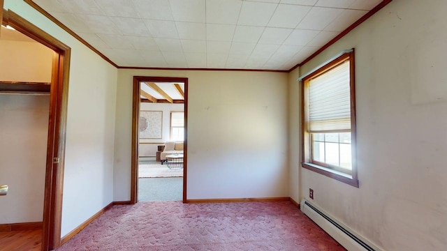 3005 Vt 78 Rte, Highgate, VT 05459 - unfurnished bedroom featuring baseboard heating, crown molding, light carpet, a baseboard radiator, and baseboards