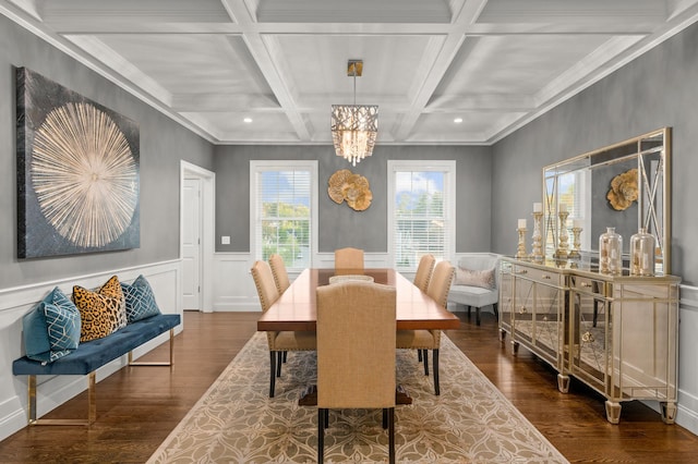 dining area with wood finished floors, a chandelier, beam ceiling, coffered ceiling, and a wainscoted wall