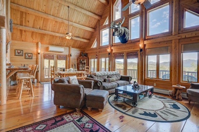 1481 Eaton Rd, Conway, NH 03813 - living room featuring high vaulted ceiling, a wall unit AC, light wood-style floors, wooden ceiling, and beamed ceiling