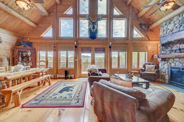 1481 Eaton Rd, Conway, NH 03813 - living area with high vaulted ceiling, wooden ceiling, wood walls, a baseboard heating unit, and beam ceiling